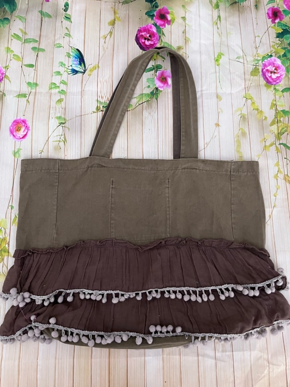 NATURAL LIFE Olive and Brown Ruffle Pom-Trim Canvas Tote